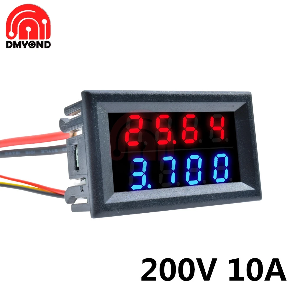 Цифровой вольтметр Амперметр постоянного тока 100 в/200 в 10 А, 4 бита, 0,28 дюйма, 5 проводов, измеритель напряжения, тока, источник питания, красный, синий, светодиодный, двойной дисплей - Цвет: 200V 10A