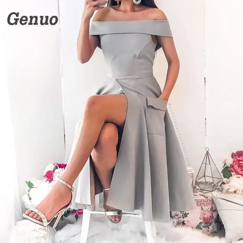 

Women Summer Sexy Slash Neck Dress Femme Vintage Dress Pockets Split Party Midi Dresses Zipper Plus Size Off Shoulder Genuo