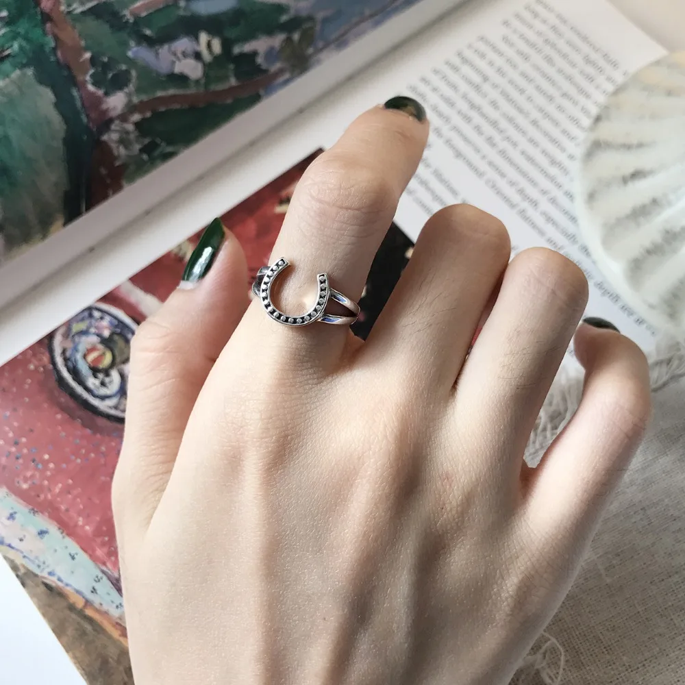 

retro Women's Authentic S925 Sterling Silver Fine Jewelry Horseshoe rings adjust J350