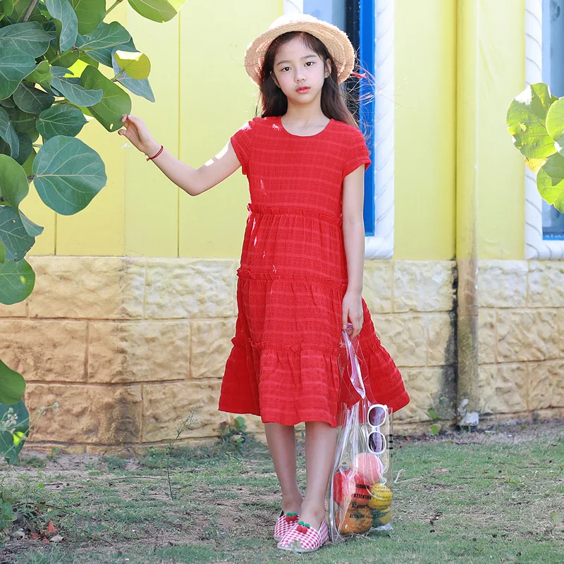 

Summer New Popular Girl Dress Red Lace O-neck Short Sleeve Long Princess Dress Brief Fashion Big Girls Daily Outing Party Dress