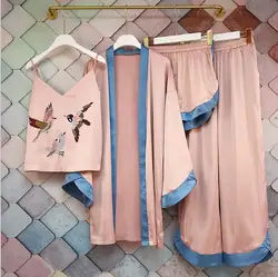 2019 Новый Для женщин розовый пижамный комплект с рисунком журавлей халат + топ на бретельках + штаны комплект из 3 предметов Домашняя одежда