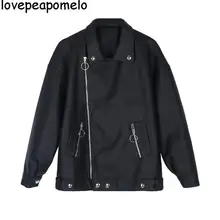Новинка весны и осенняя куртка, экокожа(полиуретан), мотоциклетная Костюмы куртка для девочки длинный рукав, замок-молния в Корейском стиле модные женские туфли свободные кожаная куртка D186