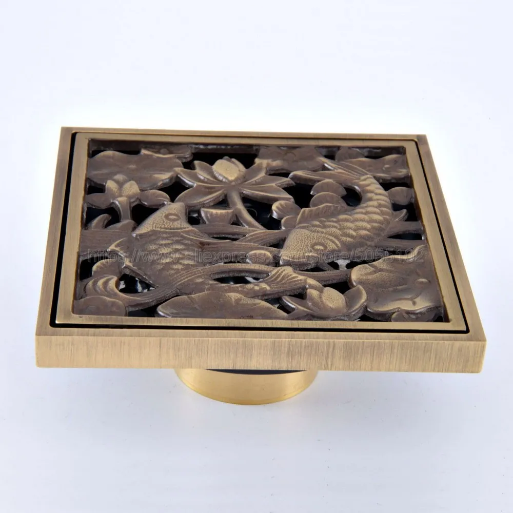 Antique Brass Anti-odor Floor Drain Fish Design Shower Drain 4" Square Bathroom Floor Waste Drain Water Drainer zhr081