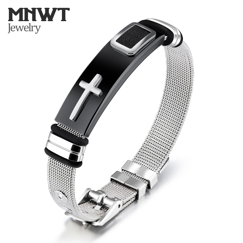 

MNWT Fashion Male Steel Cross Punk Style Bracelet Mesh Cable Wristband Punk Style Adjustable Cuff Watch Bangle