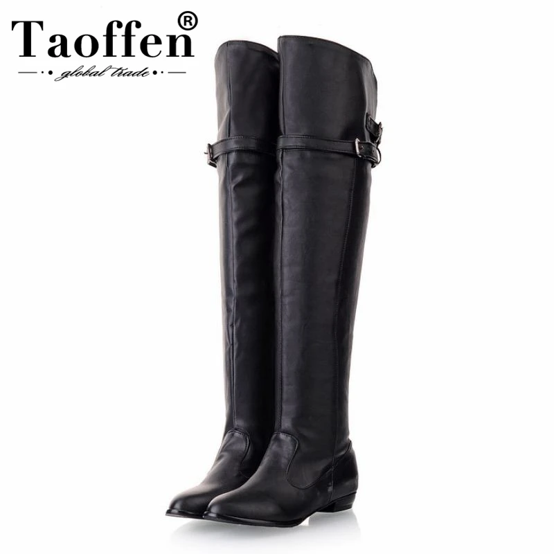 

Taoffen Knight Boots Women Over Knee Boots Zipper Buckle Flats Shoes Plush Warm Winter Outdoor Women Footwear Plus Size 34-48