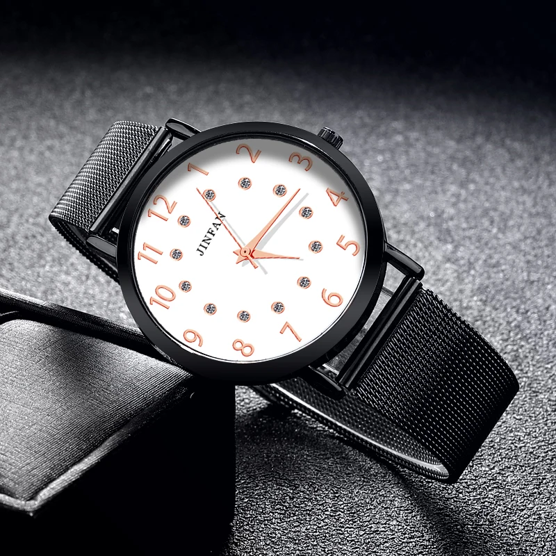 

Quartz Diamond Unisex Watches Simple Leisure WristWatch Mesh Strap Ultra Thin Dial Rose Gold Clock Business Relogio Masculino