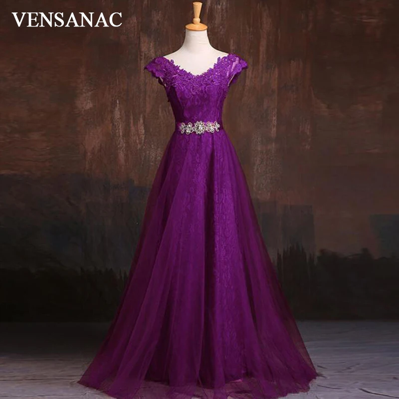 VENSANAC 2018 V Neck Crystal Sash A Line Long Evening Dresses Elegant Lace Appliques Backless Party Prom Gowns VENSANAC 2018 V Neck Crystal Sash A Line Long Evening Dresses Elegant Lace Appliques Backless Party Prom Gowns