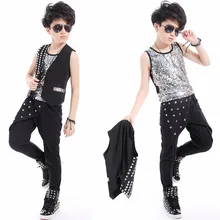 Джазовый танцевальный костюм для мальчиков Серебряный жилет с блестками черные брюки, куртка Современная детская одежда в стиле хип-хоп одежда для сцены DNV10044
