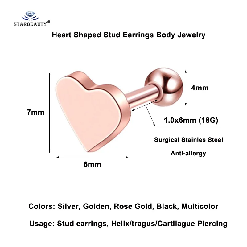 2 шт./лот, сердце, луна, роза, звезда, спираль, пирсинг для пупка, Oreja, пирсинг для ушей, серьги-гвоздики, розовое золото, треугольник, пирсинг, ювелирные изделия