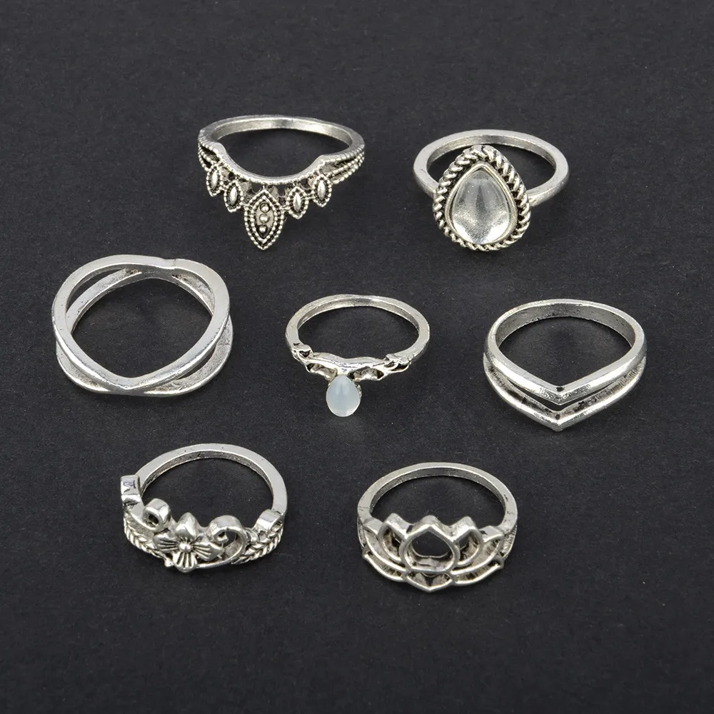 Fashion Ring 7pcs/Set Women Bohemian Vintage Crystal Silver Stack Rings