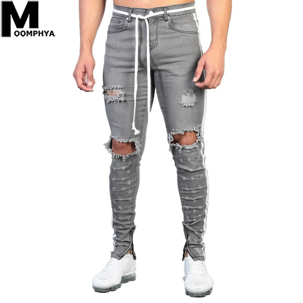 

Moomphya 2019 New Side Stripes Holes Skinny Jeans Men Streetwer Hip Hop Zipper Ripped Jeans Denim Male Jeans Long Pants Men