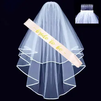 

2 Pcs/set Bride Wedding Double-layer Veil Belt Set Bachelor Party Sash Etiquette Ribbon Shoulder Strap New Veils with Comb