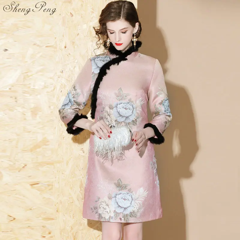 Faux fur Blend Wollen Qipao Herfst Winter Chinese jurk Lange Mouwen cheongsam jurk Knielengte Oosterse Jurk V1335