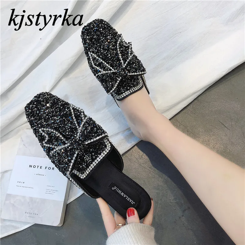 

Kjstyrka 2018 Zapatillas Mujer Spring Women Fashion crystal butterfly-knot Flat Slippers Woman With Belt Loafers Mules