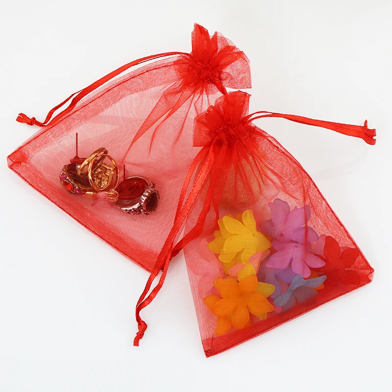 Free Shipping 100pcs 5x7cm small organza gift bags red color drawstring
