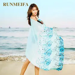 RUNMEIFA Для женщин парео Пляж Засыпать Обёрточная бумага саронг солнцезащитный крем длинный мыс женский с цветочным принтом шелковый шарф
