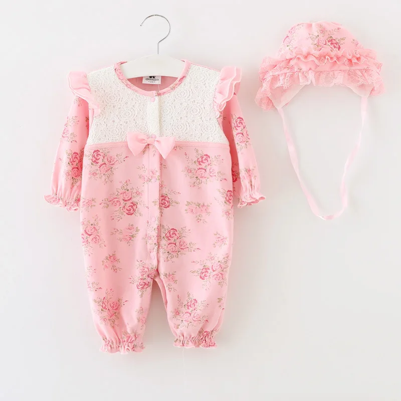 Newborn Cute Floral Cotton Baby Girl Rompers Infant Lace Bow Knot