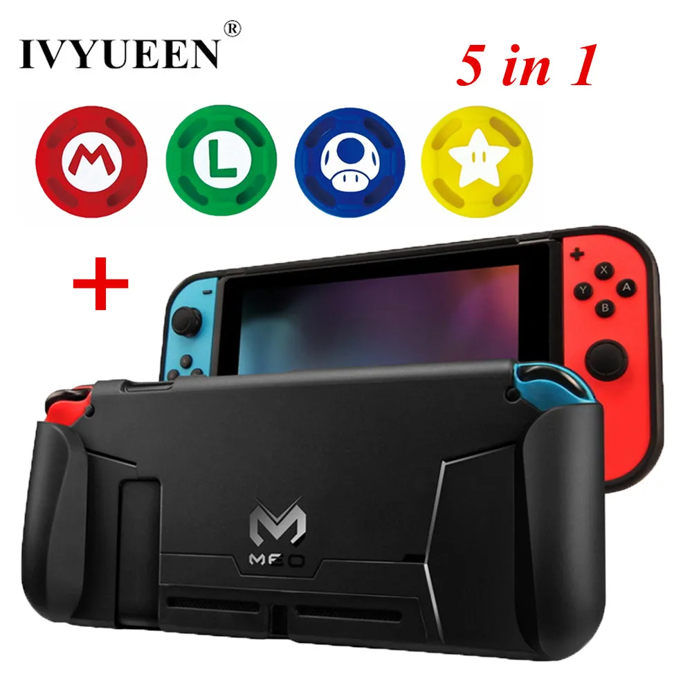 

IVYUEEN 5 in 1 for Nintend Switch NS Console Handle Grip Protective Cover with 4 Thumb Stick Caps Case for Joy Con Controller