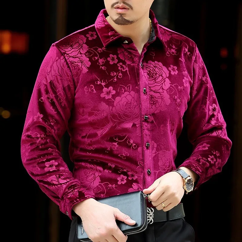 Mens velvet shirt 2018 long sleeve flower print velvet shirt business casual spring autumn