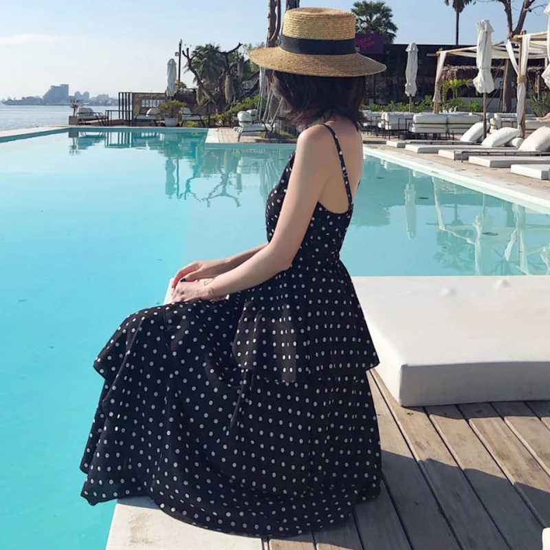 Summer Women Black Sundress Long Polka Dot Tropical Sexy Lady Vacation Backless Casual Ruffles Midi Beach Sea Dress New Arrival