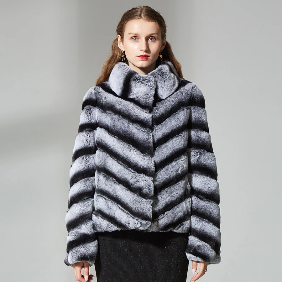 

Slim rabbit fur coat real rex rabbit fur jacket short for womenstriped winter outerwear beige color stand collar real fur coat