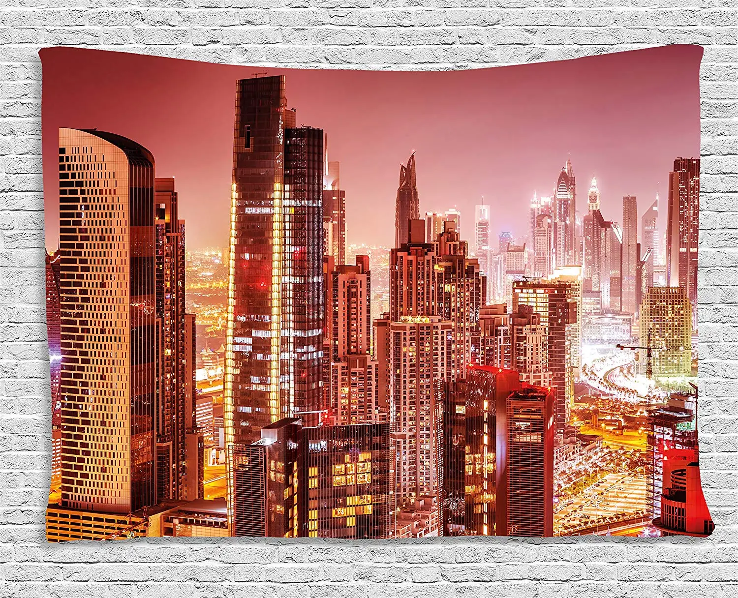Cityscape Tapestry Wall Hanging Dubai at Night Cityscape with Bright Lights of Tall Skyscrapers 