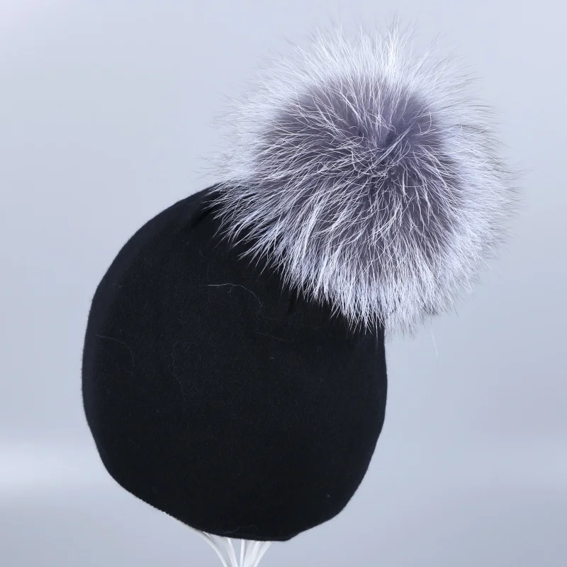 Женские кашемировые зимние шапки брендовые шапочки мягкие теплые однотонные винтажные настоящие лиса, норка pom poms Женская модная брендовая зимняя шапка - Цвет: Fox Pom black hat