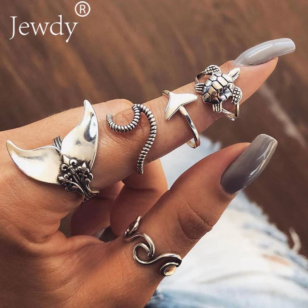 

Jewdy 5 PCS Mermaid Wave Rings for Women Bohemian Turtle Animal Rings Lot Bohemian Party Punk Jewelry New Fashion Gifts