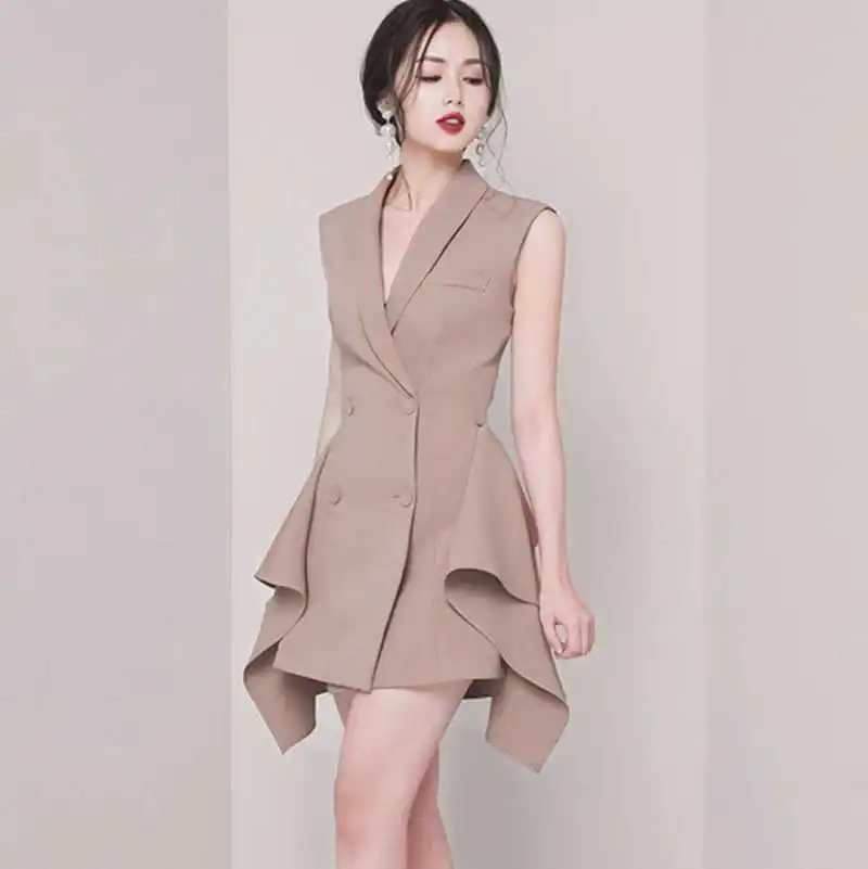 

2019 New Fashion Women Double Breasted Ruffles Irregular Dress Office Lady Notched Collar Sleeveless Korea Dress