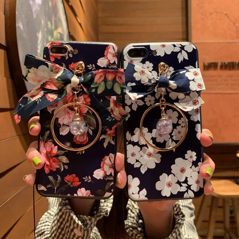 

3pcs/set Fashion Flower Phone Case For iphone 6 6s 7 8 Bow Finger Ring Protective film print Case For iphone X XS XR XSMAX Cover