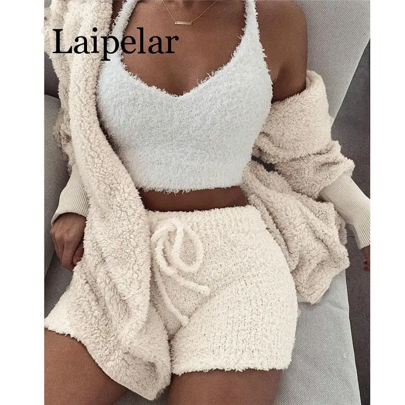 

Laipelar Women Fleece Plush Casual Two Piece Set Long Sleeve Hooded Cardigan Coat Autumn Winter Outerwear Shorts Fashion Outfits