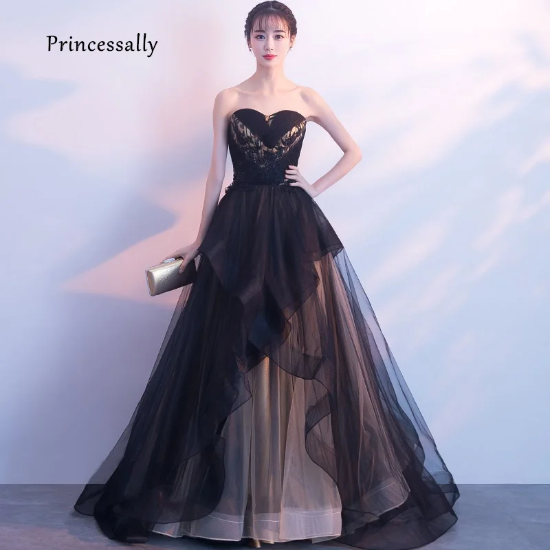 

New Black Evening Dress Long Elegant Tulle Sequined Ball Gown Sweetheart Off the Shoulder Formal Prom Party Gown Vestidos 2019
