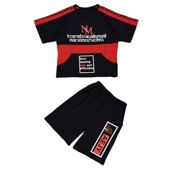 

Big Boy's Fashion Sets Color Patchwork Letters Print AEJY Loose Fit T-shirts+Shorts 2PCS Clothing Sets Hip Hop Dancer Sets