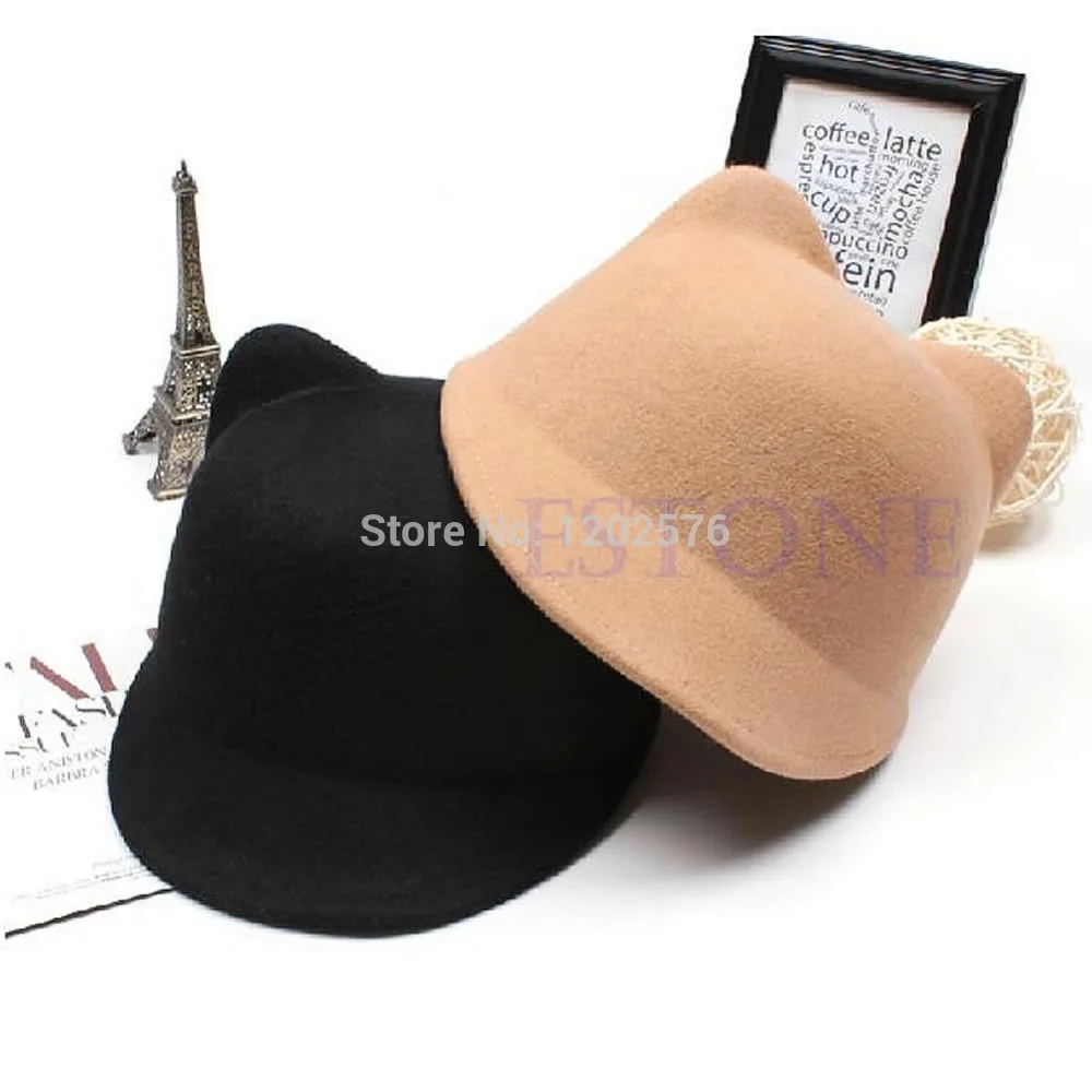 

New Winter Fashion Women Devil Hat Cute Kitty Cat Ears Wool Derby Bowler Cap