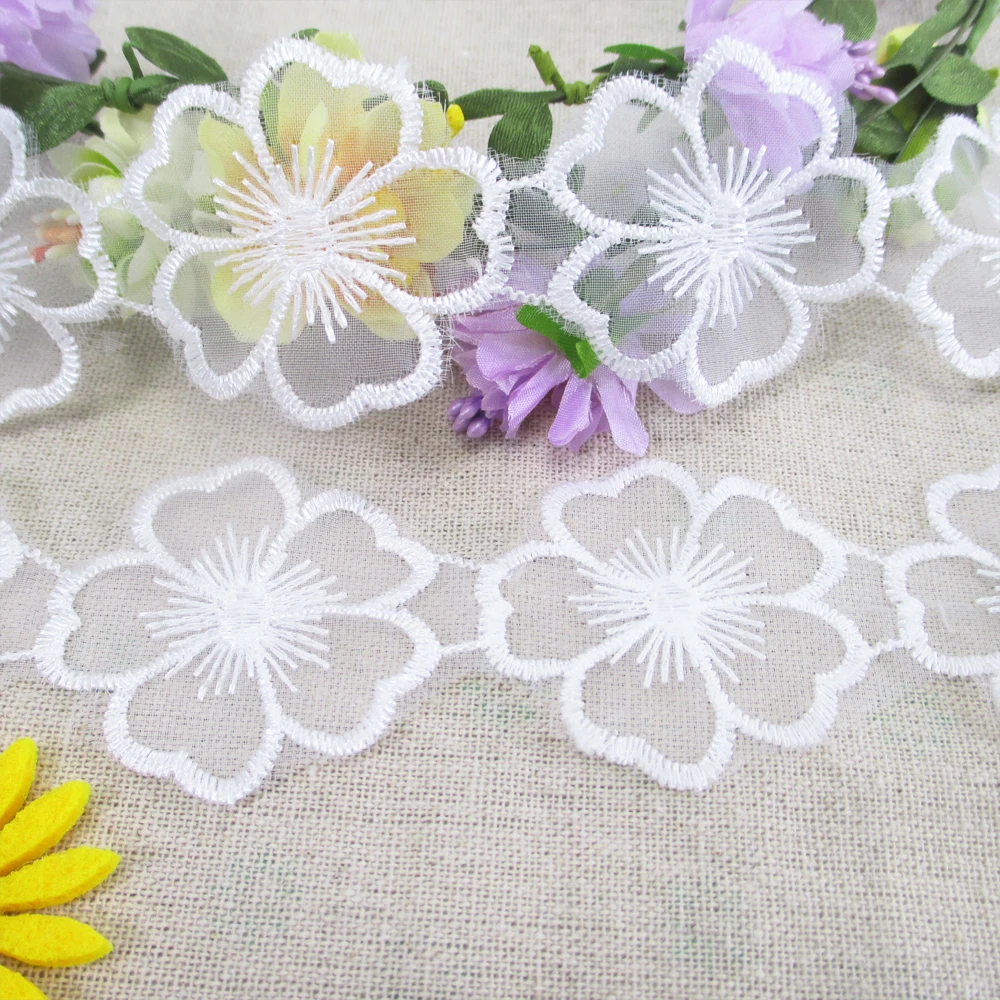 GOLD on WHITE~3 Inch Wide Floral Flat Lace Trim~10 Yards