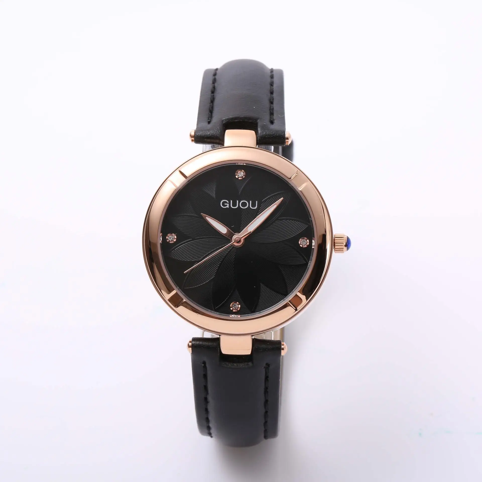 Бренд Guou роскошные женские часы из натуральной кожи или часы из розовой стали простые модные женские часы под платье Подарочное платье - Цвет: Black Leatehr