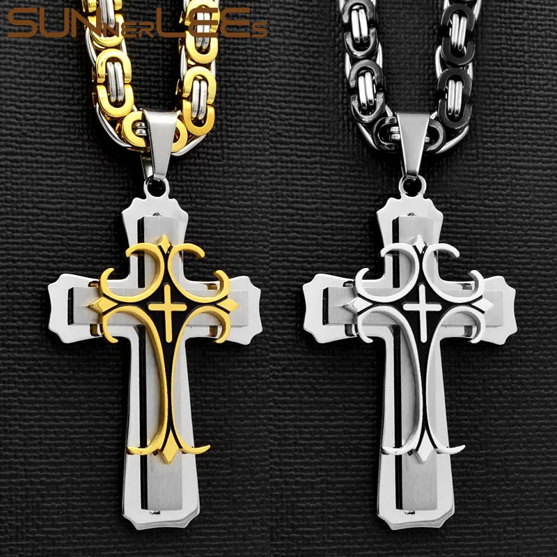 

SUNNERLEES 316L Stainless Steel Jesus Christ Cross Pendant Necklace Byzantine Link Chain Silver Gold Black Men Boys Jewelry SP67