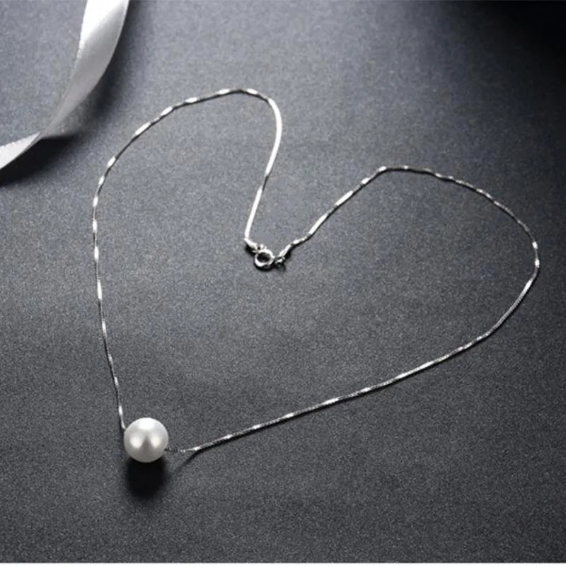 

Anenjery 925 Sterling Silver Jewelry Simple Hot Fashion 10mm Simulated Pearl Chain Necklace kolye collares bijoux femme S-N55