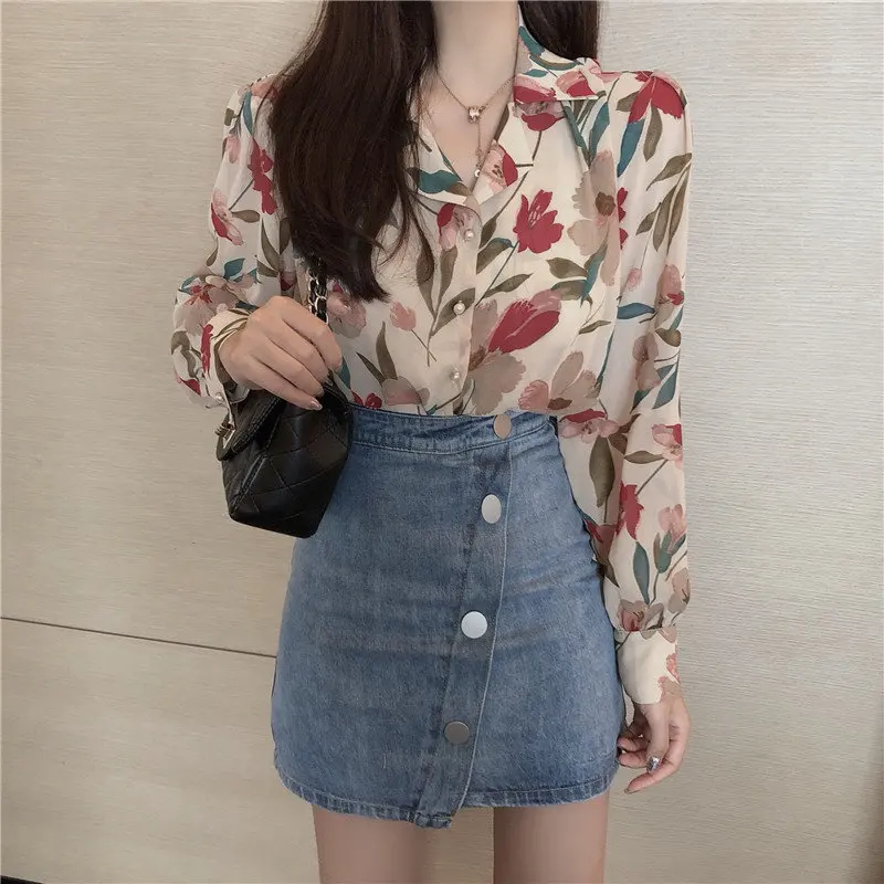 Ceny Alien Kitty Vintage luźny prosty stylowy nowy druk świeży 2019 lato cały mecz eleganckie koszule jednorzędowe na co dzień 2 kolory