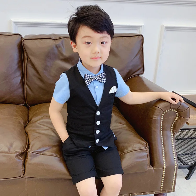 LEADERTUX Baby Kid Toddler Boy Formal Event Suit Khaki Shorts Shirt Hat Vest Set Sm-4T