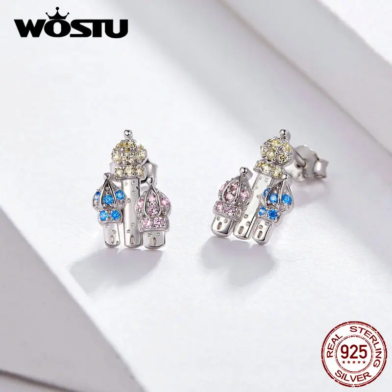 

WOSTU Multi-Color Enamel Princess Castle Stud Earrings 925 Sterling Silver Women Wedding Earrings 2019 Luxury Jewelry FIE591