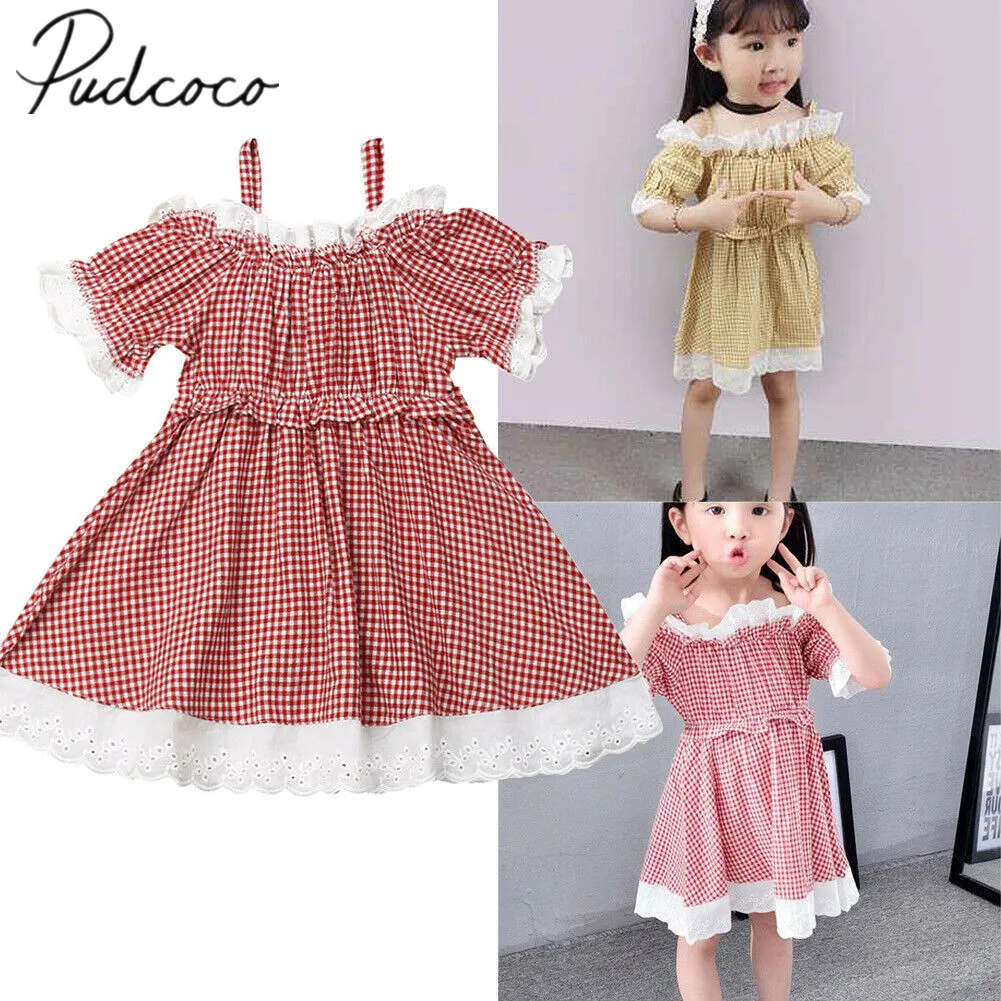 

2019 Baby Summer Clothing 1-7Y Kids Fashion Girl Toddler Baby Dress Off Shoulder Plaid Princess Party Tutu Lace Strap Dress