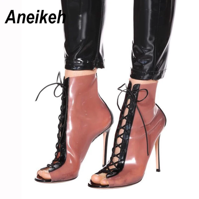 

Aneikeh Fashion Spring 2019 New Black Pink Peep Toe Clear Booties Sexy High Heels Shoes Woman Lace Up Transparent Ankle Boots