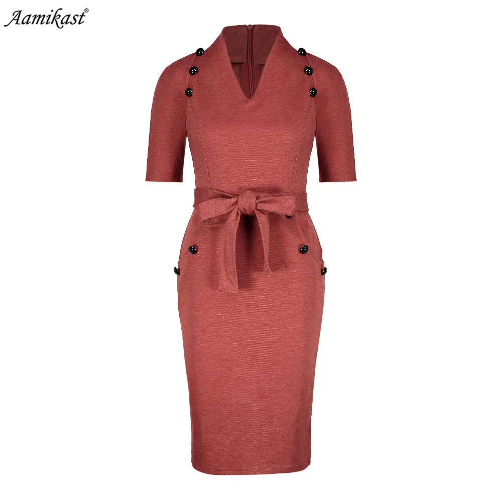 

Autumn Women Elegant V-Neck Black Button Belted Vintage Wear To Work Office Business Party Bodycon Vestido Pencil Sheath Dress