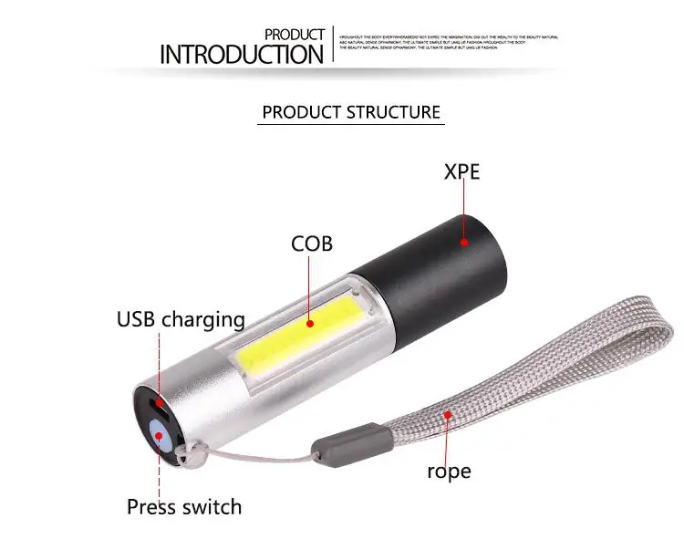 Мощный XPE COB светодиодный фонарик USB Перезаряжаемый фонарик тактический фонарь с подвесным Канатом