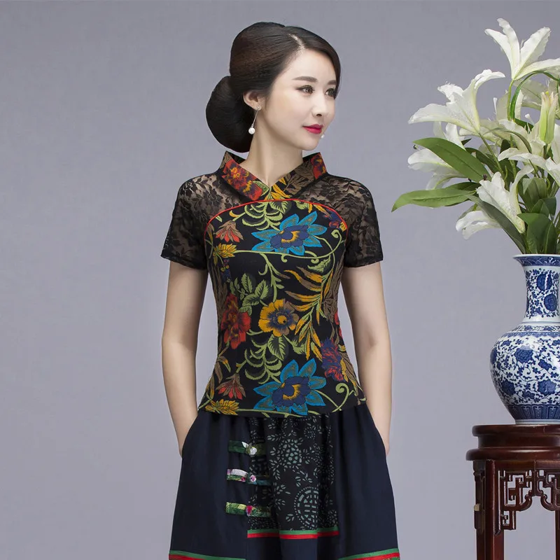 

Wholesale Chinese Shirt Summer Cotton Linen Tang Suit Lady Stand Collar Slim Short Sleeve Ganze Patchwork Large Size Tops