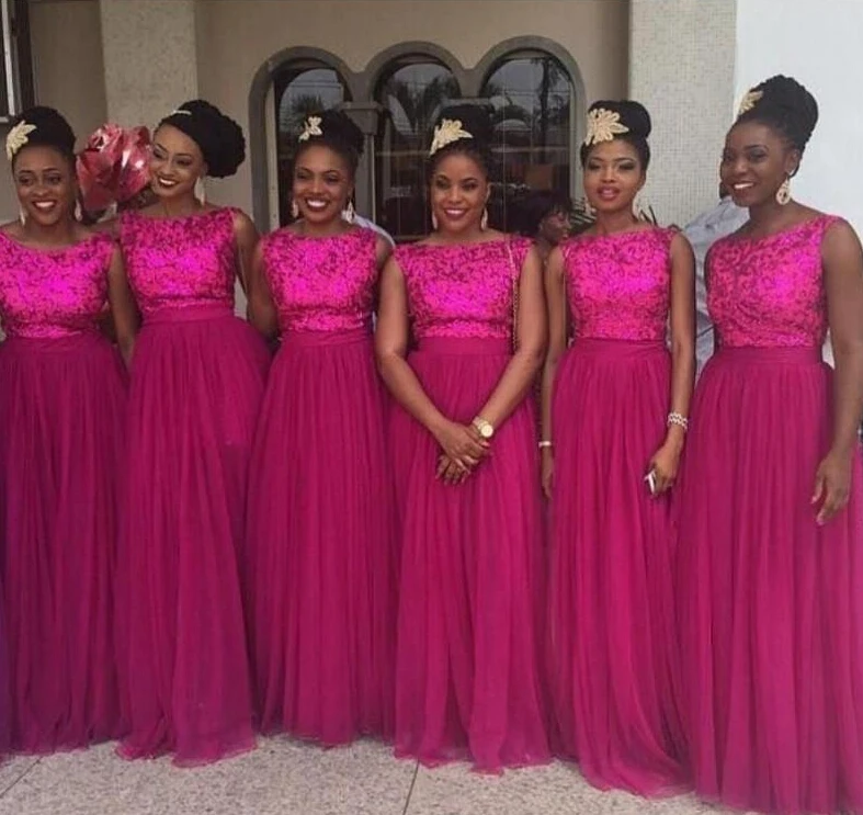 Nigerian Sequins Bridesmaid Dresses Fuschia Tulle Long Prom Wedding Party Guest Dresses Real