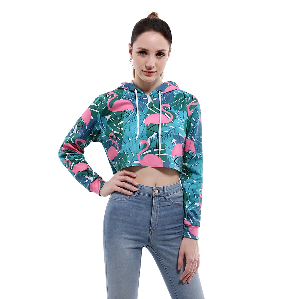 

crop top women harajuku Fashion Casual Loose Flamingo Hooded Hoodie Long Sleeve Stylish Crop Top Thin Sweatshirt plus size
