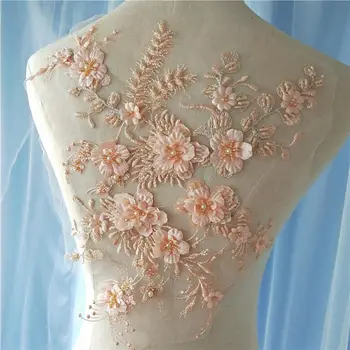 

10pieces peach pink heavy bead lace applique, 3D lace applique with pearls, deluxe 3d flower applique