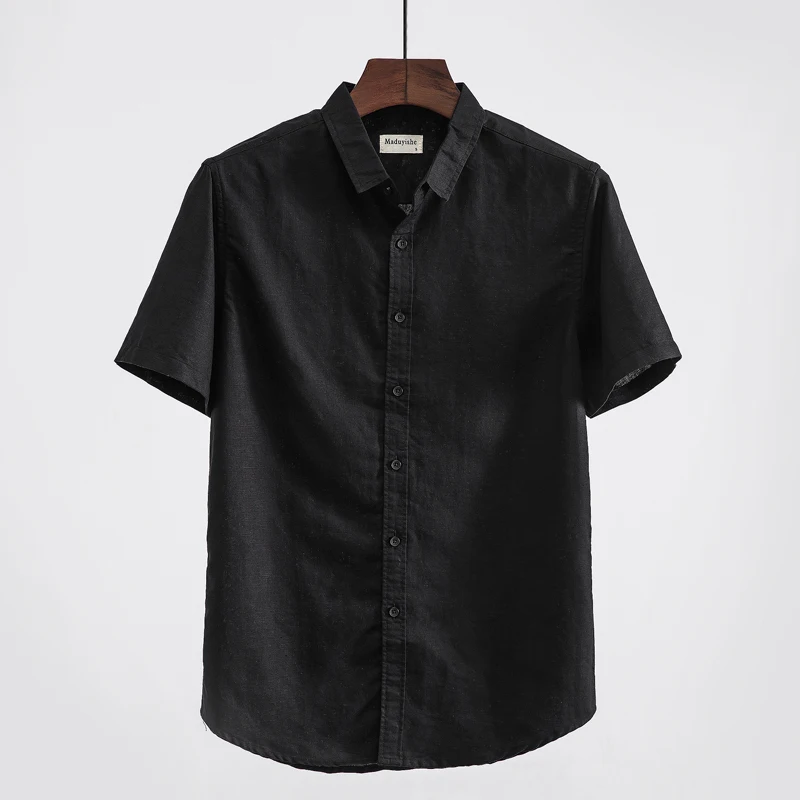 

2018 Summer new short sleeve linen and cotton shirt men brand fashion casual men shirts S-4XL solid black shirt male chemise